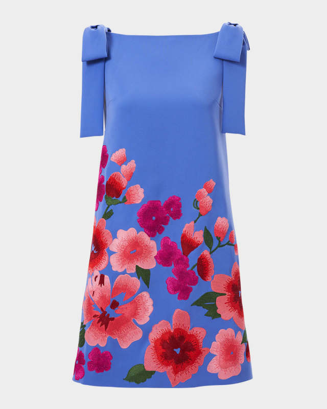 Floral-Embroidered Bow Sleeveless Mini Shift Dress